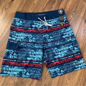Ocean Current Mens Size 34 Surf Board Shorts 9” Blue Red Hawaiian Floral Print